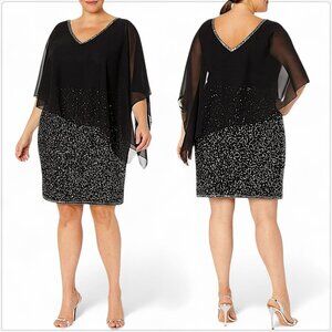 J Kara Black Capelet Poncho Overlay Sequin Beaded Evening Dress NWT New Plus 24W